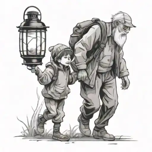 Grandfather and child walking carefully through a thick forest, holding hands, while grandfather is holding a lantern tattoo design idea