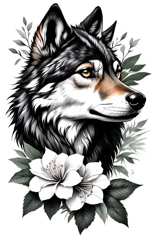 feminine wolf and azalea over the wolves eye and leaves in the background tattoo design idea