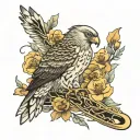 hawk, flowers native American flute tattoo design idea
