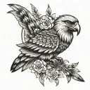 hawk, flowers native American flute tattoo design idea