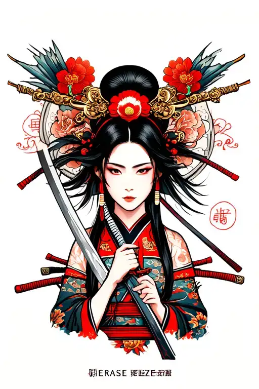 japanese warrior woman holding a sword tattoo design idea
