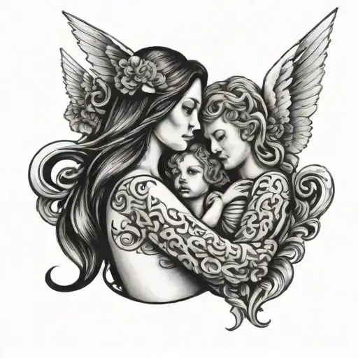 mother and daughter angels with "mum" in text and "1984" underneath tattoo design idea