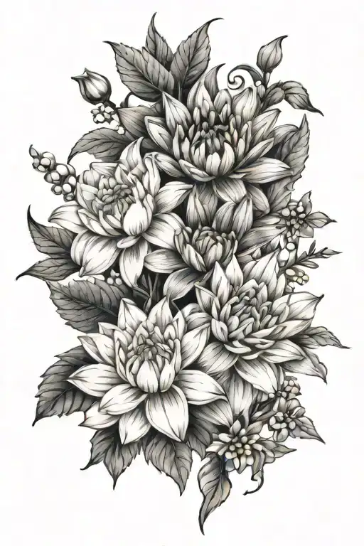 Chrysanthemum, Aster, Water lily, Honeysuckle, Lily of the valley, violet, and daffodil  tattoo design idea