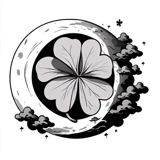 a 4-leaf clover surrounded by a moon and clouds surrounding tattoo design idea
