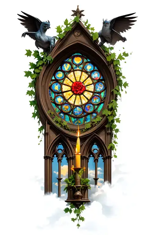 gothic cathedral with colored stained glass rose window, gargoyles, moon, vines, leaves, candles, and clouds tattoo design idea