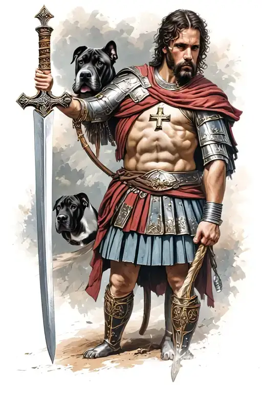 Roman soldier holding a sword and has a cross around his neck with a cane corso at his side  tattoo design idea