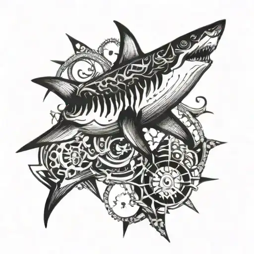A fierce shark swimming in a sea of masculine symbols like anchors and compasses tattoo design idea