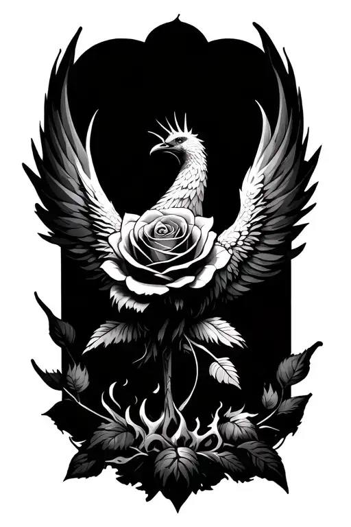 black rose phoenix rising from the ashes symbolizing overcoming tattoo design idea
