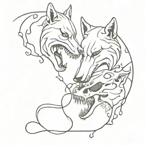 outlines of two black wolves gnawing a human skull entwined with vines tattoo design idea