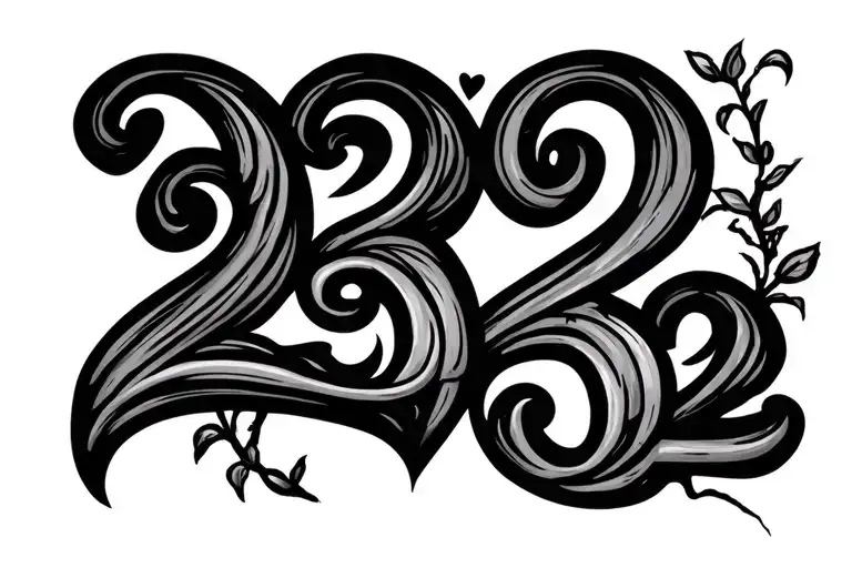 number 23 and 32, between them a little heart, and up in the right corner is some kind of plant vine around the text tattoo design idea