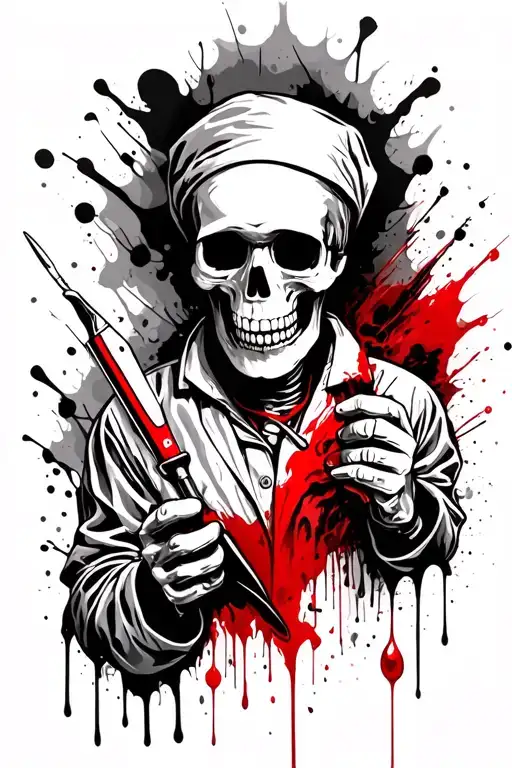 Skeleton in surgeons clothing holding a scalpel dripping blood tattoo design idea