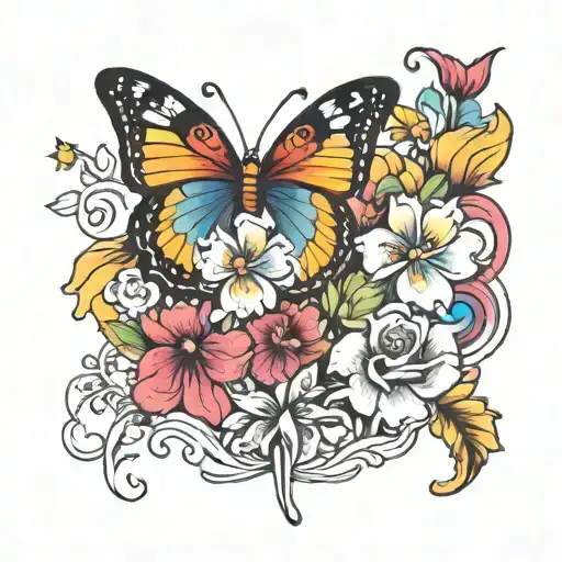 flowers butterflies and rainbows tattoo design idea