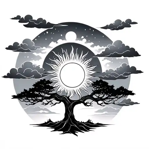 tree with the sun and moon with clouds tattoo design idea