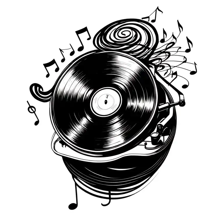 Record player with twisty lines of music notes coming out tattoo design idea