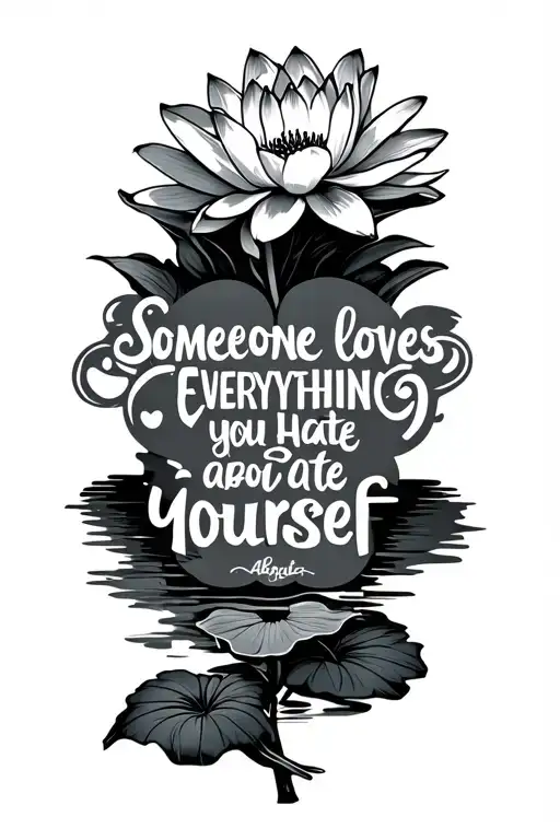 spine tatto water lily with stem going down back with the quote someone loves everything you hate about yourself tattoo design idea