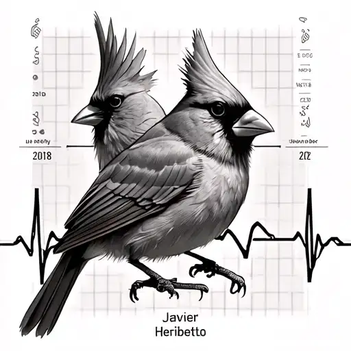 Realistic cardinal bird with an EKG  going to flatline With July 2018 and November 3rd 2022 Names Javier and Heriberto.  tattoo design idea