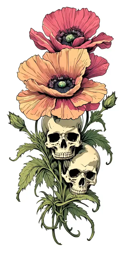 opium poppies and opium bulbs and skulls tattoo design idea