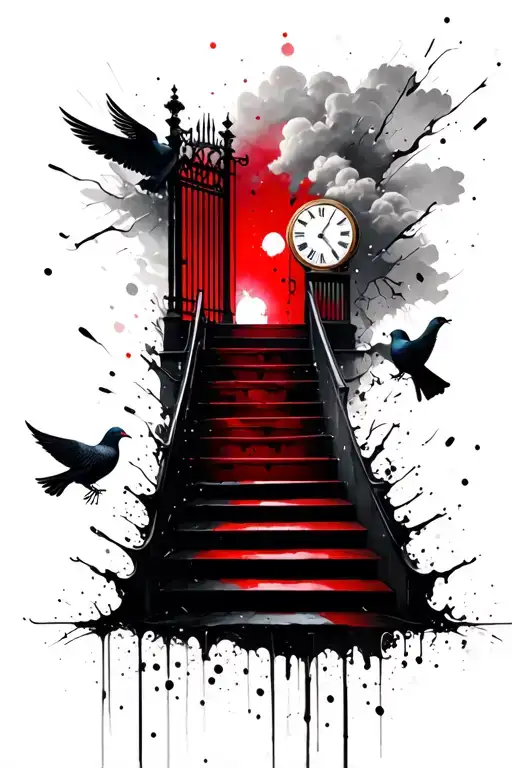 Heaven stairs, clouds, pigeon, broken clock, heaven gate, dog tattoo design idea