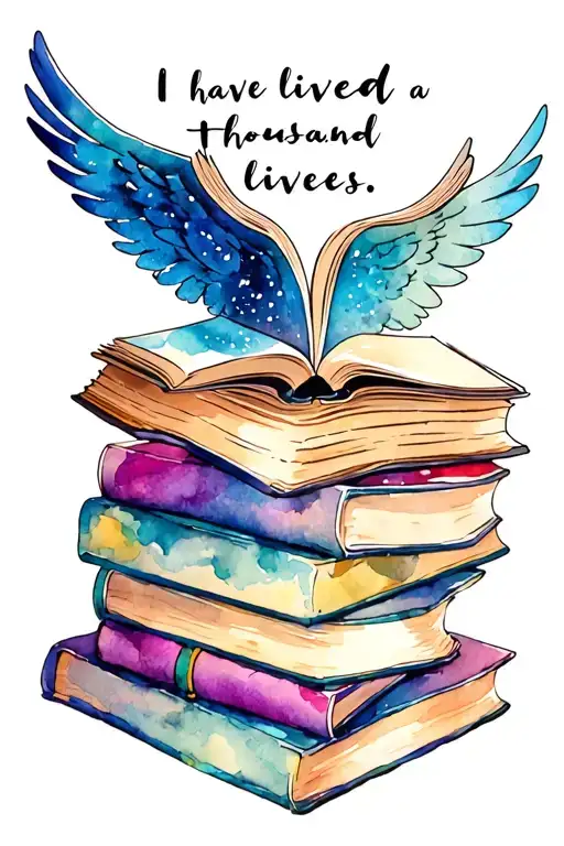 fantasy, stack of books, open book with wings, "i have lived a thousand lives" under books tattoo design idea