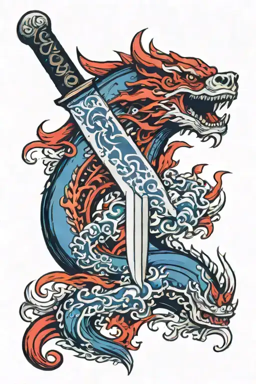 Flame-emitting knife with blue on the right and red on the left tattoo design idea