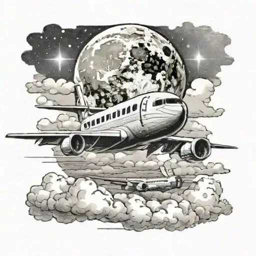 airliner flying to the moon, with clouds and stars in the background tattoo design idea