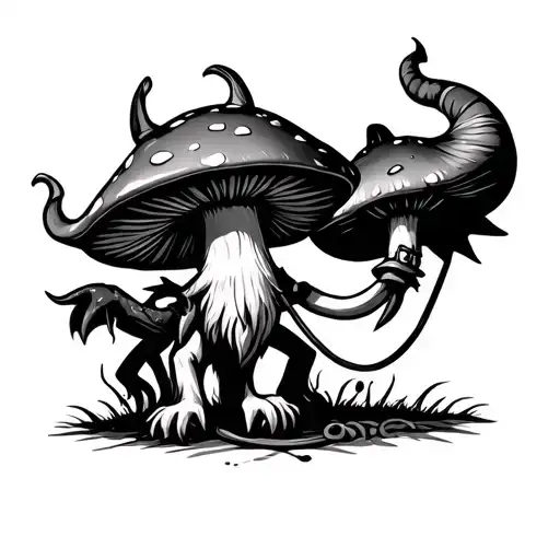 fun mushroom holding a demon on a leash tattoo design idea
