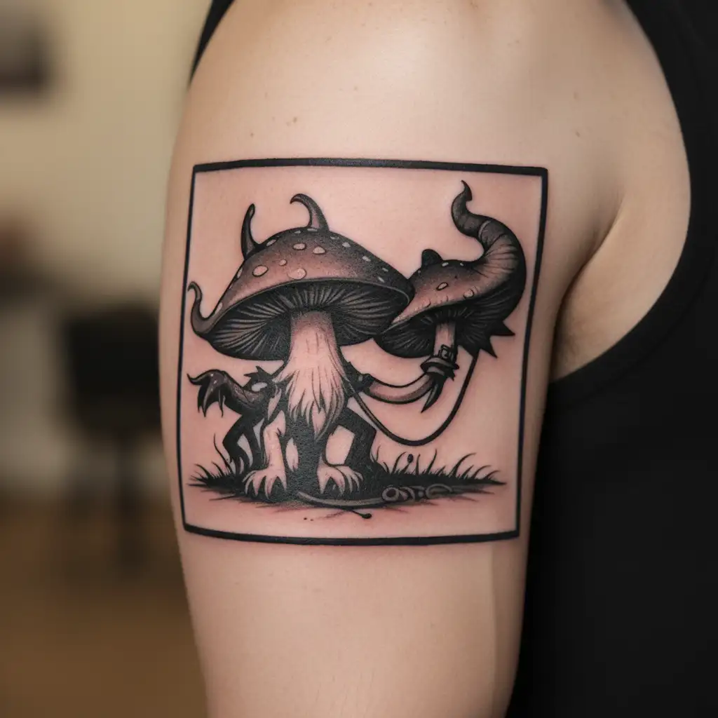 fun mushroom holding a demon on a leash tattoo design idea