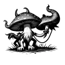 fun mushroom holding a demon on a leash tattoo design idea