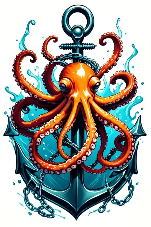 octopus wrapped around anchor in water with broken chain tattoo design idea
