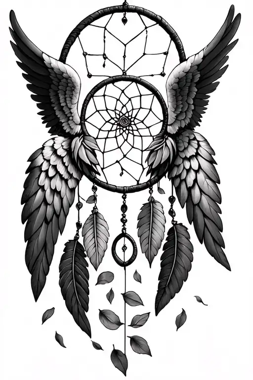 Rose petals falling into angel wing into a dream catcher tattoo design idea