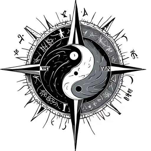 Yin Yang Compass and zodiac sign intertwined tattoo design idea