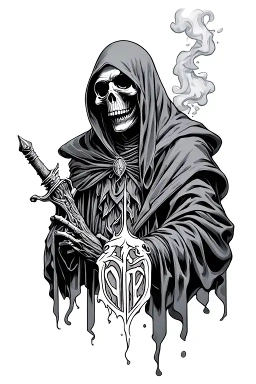 grim reaper with smoke and 1of1 underneath it tattoo design idea