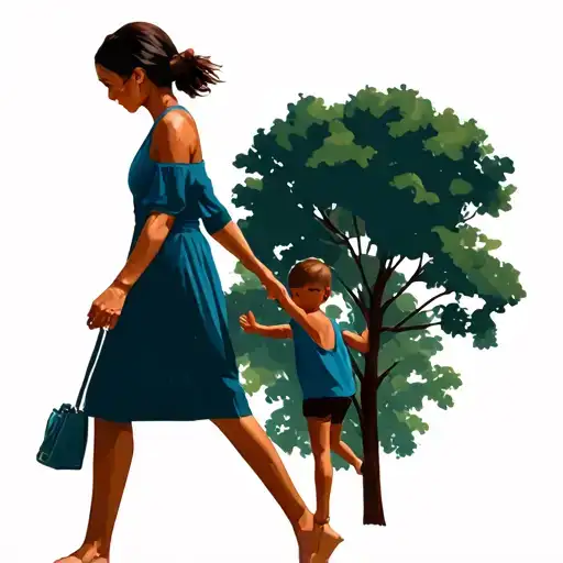 a woman walking with a child in a park tattoo design idea