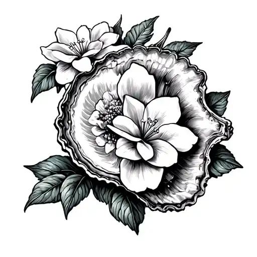 oyster shell with crescent moon and gardenias blooming tattoo design idea