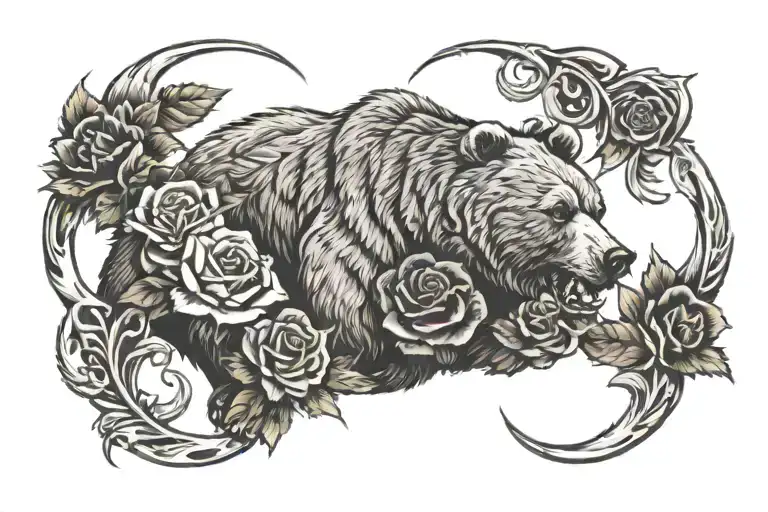 A grizzly bear claw made with Nordic Symbols followed by Black roses tattoo design idea