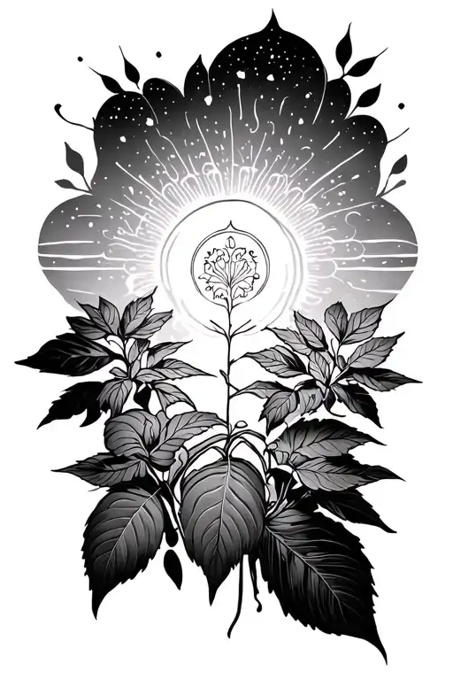 Elegant minimalist tattoo, 2-3 inches. A small Vrindavan scene with tulsi plant radiating cosmic and spiritual energies. tattoo design idea