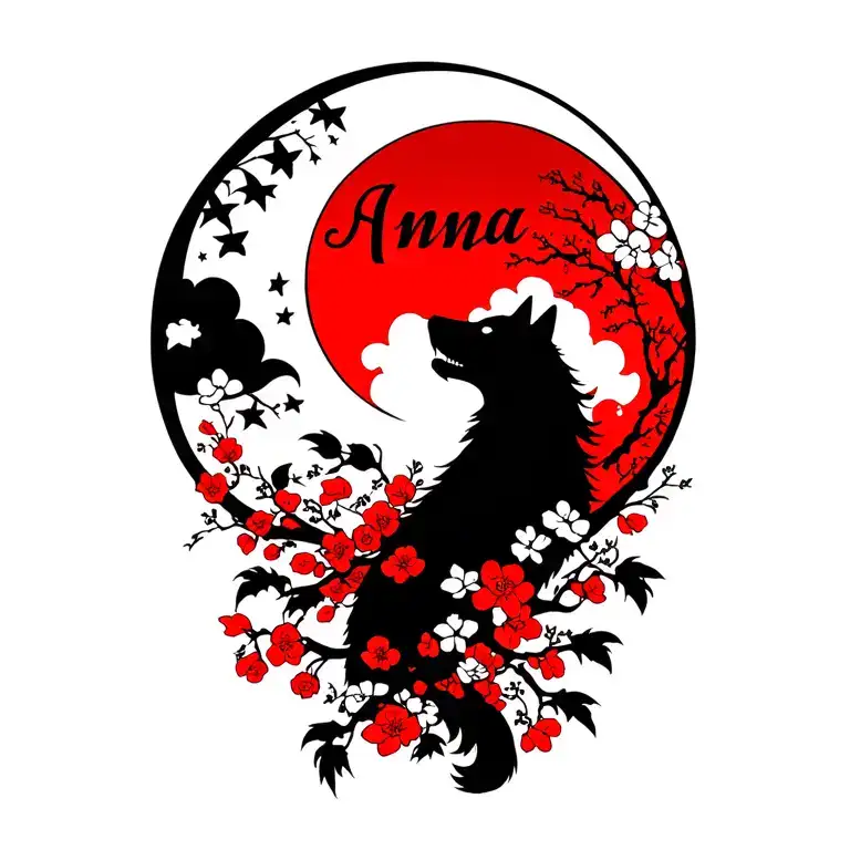 "Anna" moon with howling wolf silhouette tattoo design idea