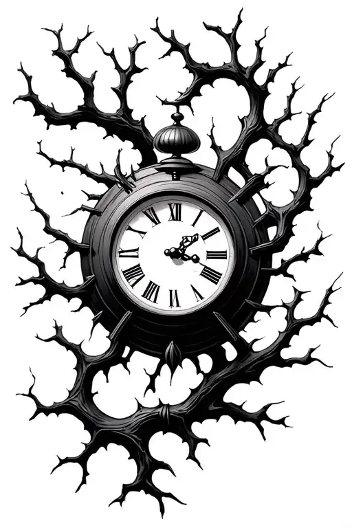 clock shattering with branches tattoo design idea