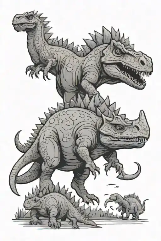 cartoon dinasaurs with ukrainian and vietnamese culture tattoo design idea