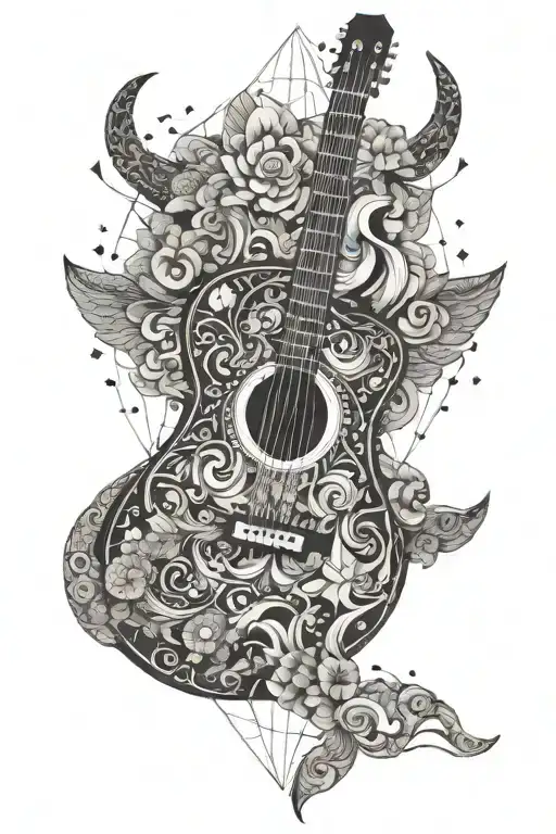 Incorporate Balinese traditional patterns into a guitar silhouette tattoo, with Taurus constellation as a background element tattoo design idea