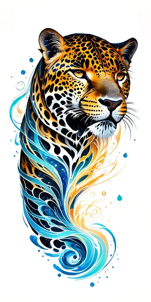 real jaguar blenind with galaxy spirals and waves for inner bicep area tattoo design idea