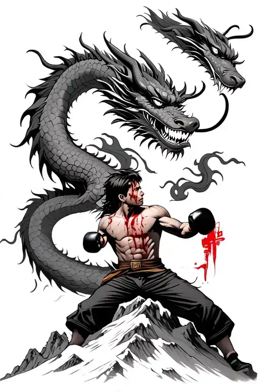 a young and bloodied american-style kickboxer on a mountain looking up at a chinese dragon tattoo design idea