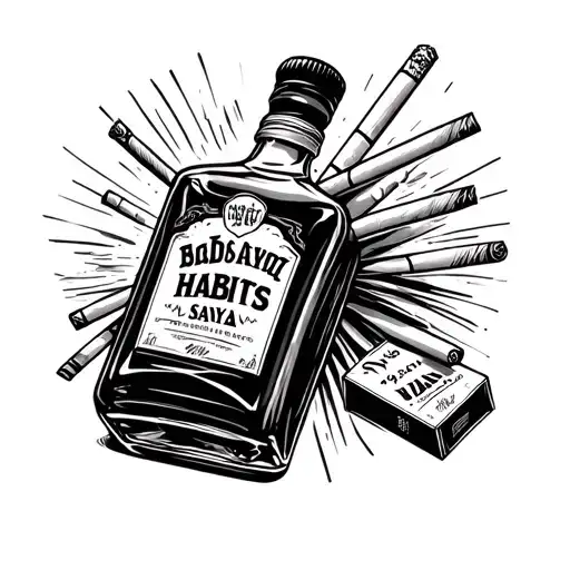 a whiskey bottle and cigarette packes inside saya bad habits tattoo design idea