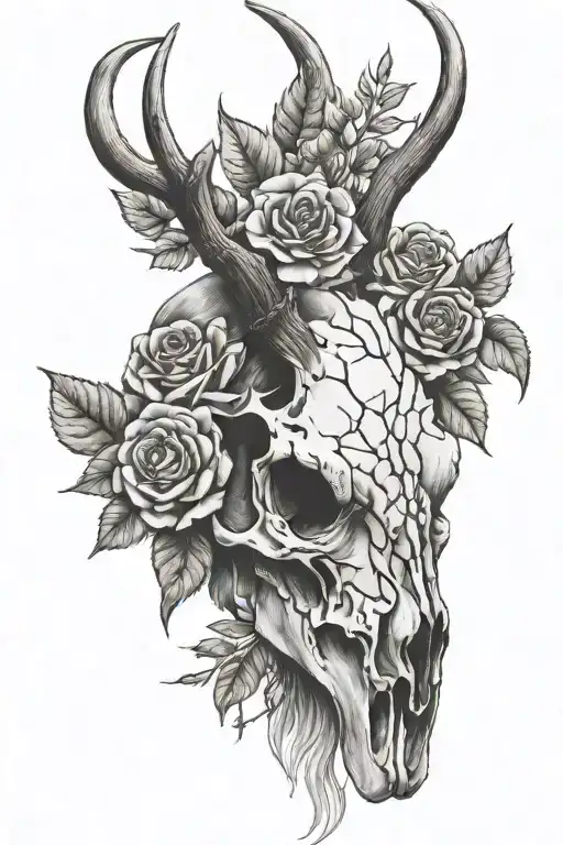 elk skull with roses tattoo design idea