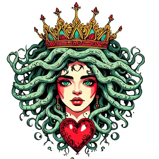 Medusa surrounded by read heart fine line Afro with crown  tattoo design idea