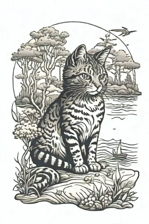woods and ocean scene with small cat sitting tattoo design idea