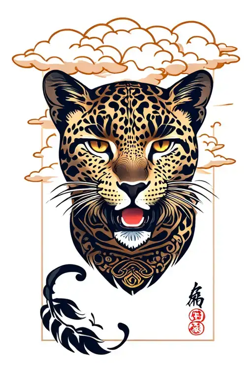 Japanese style cloud background with Traditional American Tattoo design leopard tattoo design idea