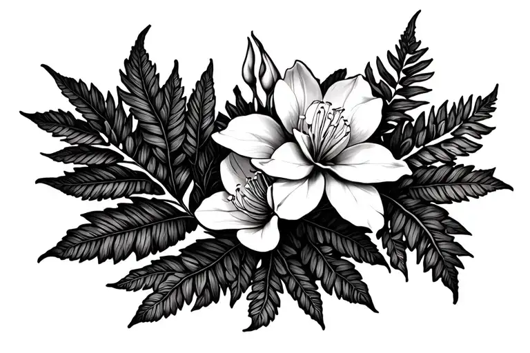 lady fern leaf, rhododendron flower, orange blossom flower tattoo design idea