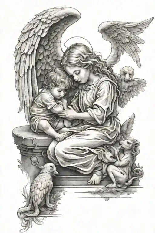 guardian angel praying over children playing tattoo design idea