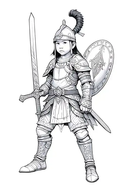 arm tattoo of an asian warrior child in full armour including helm, breastplate, sword,  shield, belt and shoes tattoo design idea